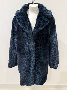 NWOT Laundry By Shelli Segal Navy Blue Faux Fur Leopard Coat Sz L